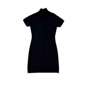 PARADOX CLASSIC BLACK KNIT DRESS, SHORT SLEEVES, MOCK TURTLENECK COLLAR, SMALL
